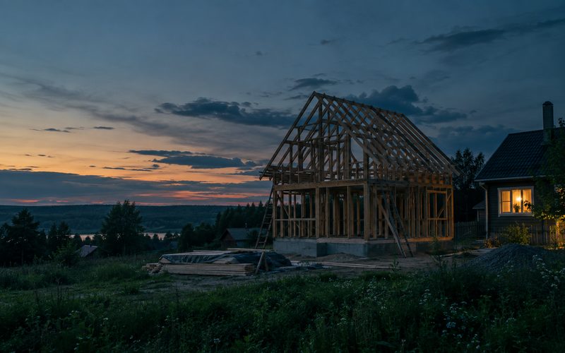 Каркас строящегося загородного дома на фоне вечернего неба